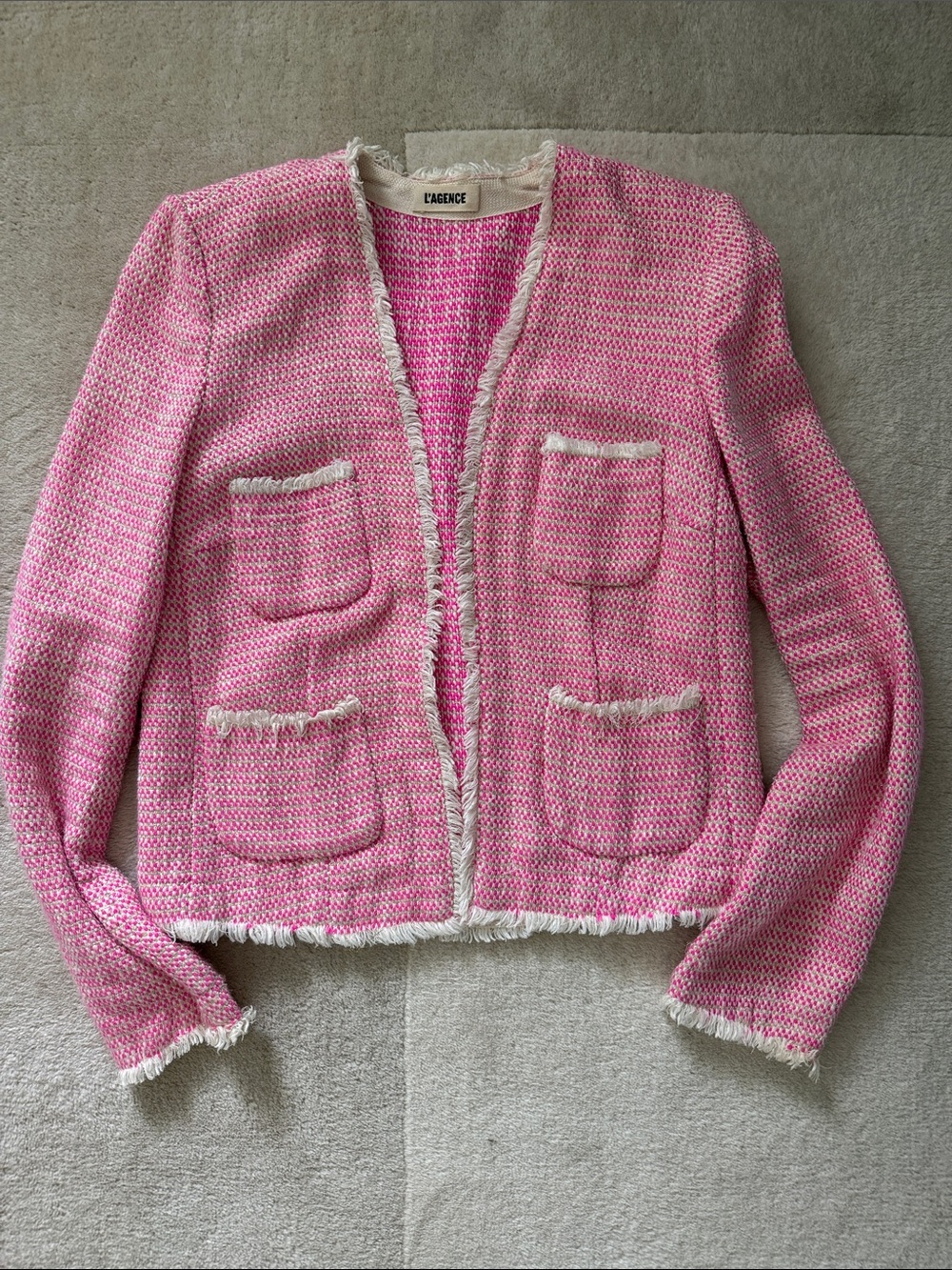 L'AGENCE Pink Tweed Fringe Open-Front Jacket